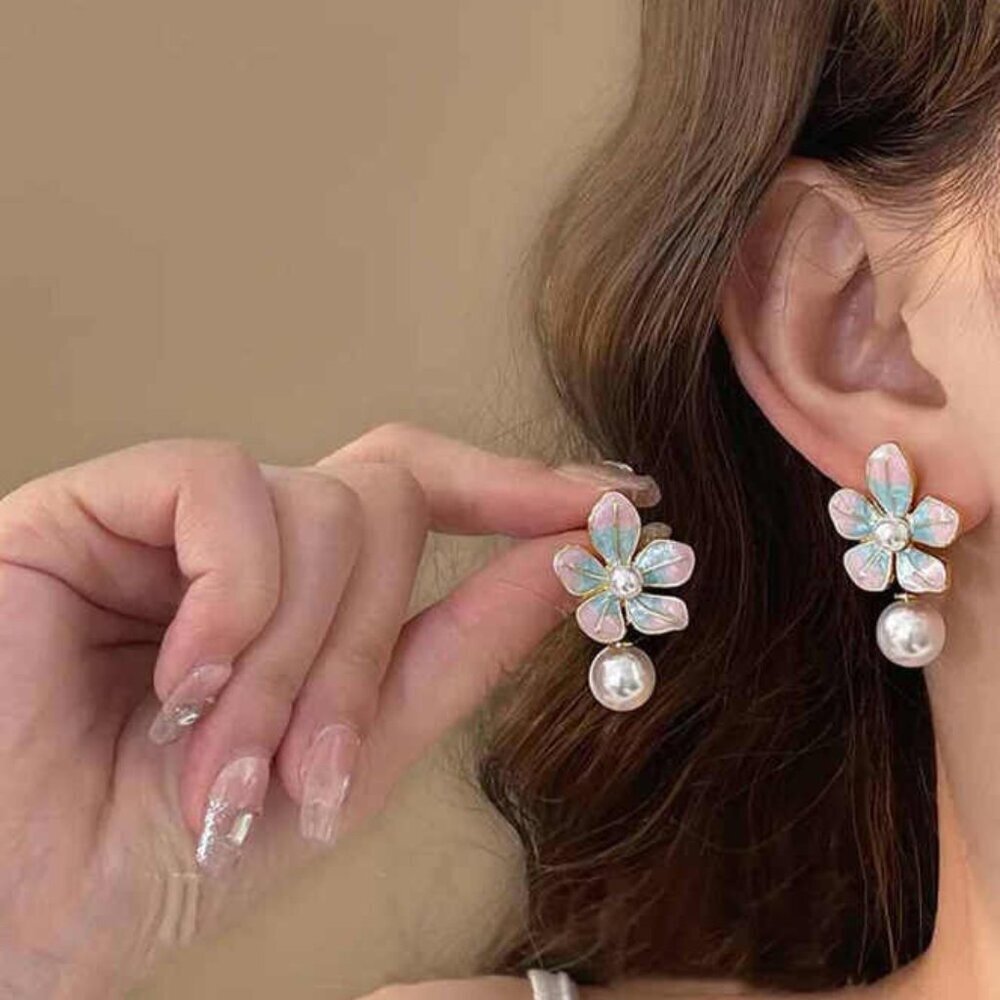 Cute Oil Dripping Colorful Enamel Flower & Faux Pearl Floral Fashion Earrings